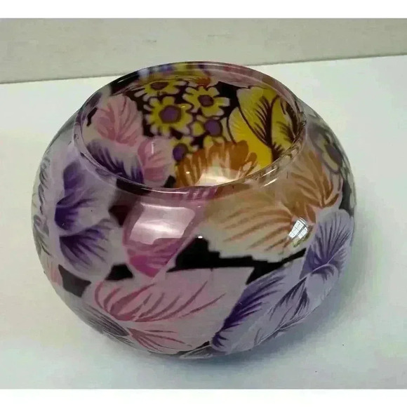 Glass Floral Design Art Glass Votive Candle Holder Purple Yellow Vivid Florals - Picture 2 of 8